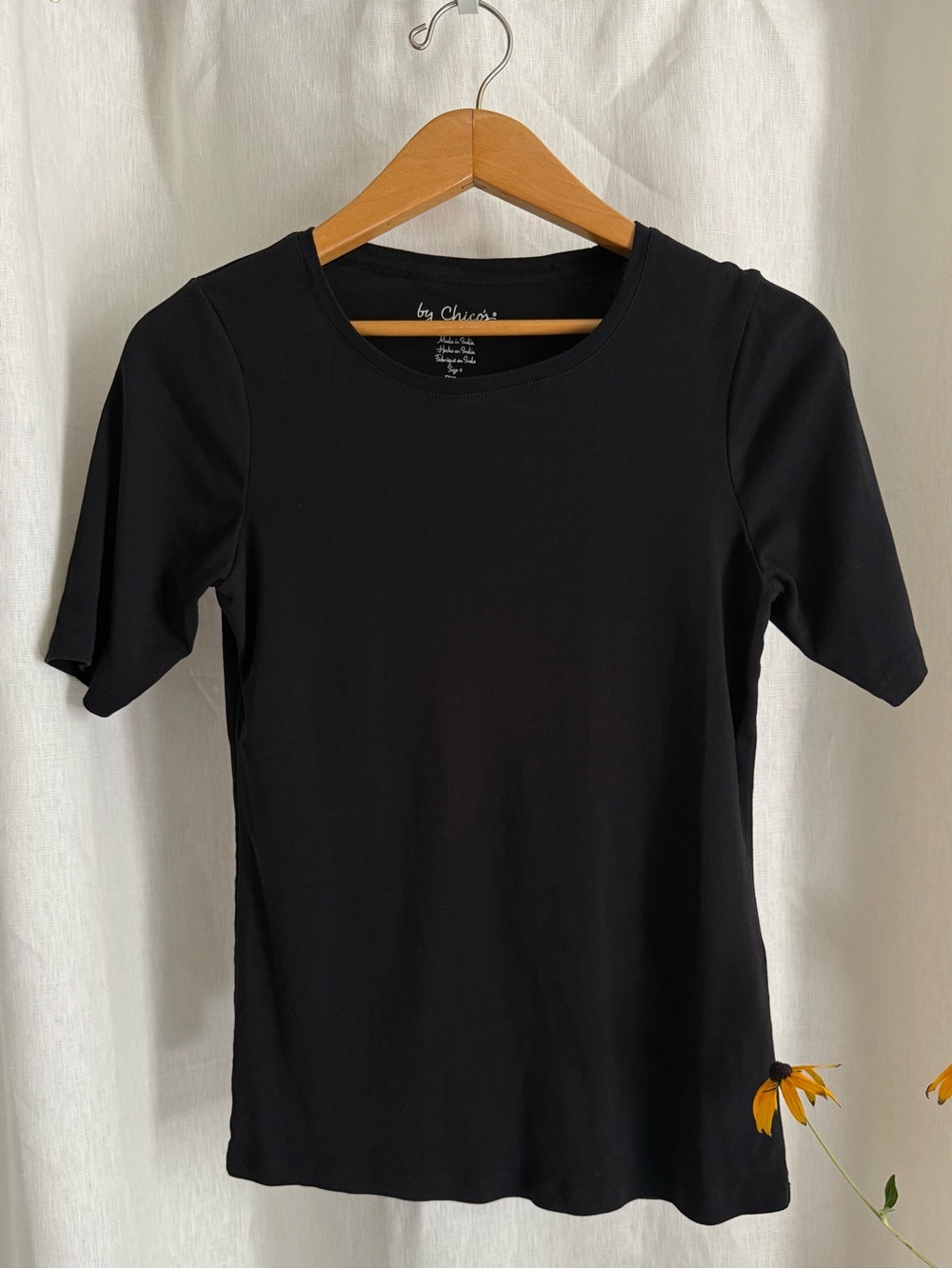 Chicos Black Cotton Scoop Neck Top 0 S Elbow Sleeve Tee Chicos Everyday Shirt
